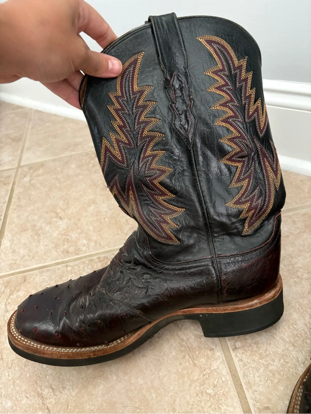 Lucchese 2000 Black Cherry Ostrich Leather Cowboy Boots Men's 10 EE Vintage